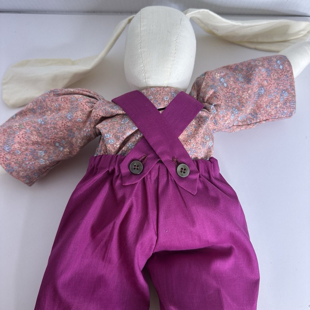 19" Vtg Handmade Bunny Rabbit Floppy Ear‎ Rag Doll Red Shirt Overalls Folk Art - Picture 5 of 5